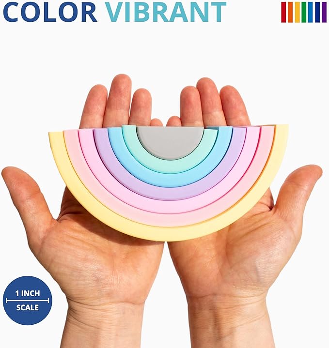 BLUE GINKGO Silicone Rainbow Stacker - Montessori Nesting Puzzle | Kids and Toddler | Stacking Sensory Toys - 7 Layers (Pastel)