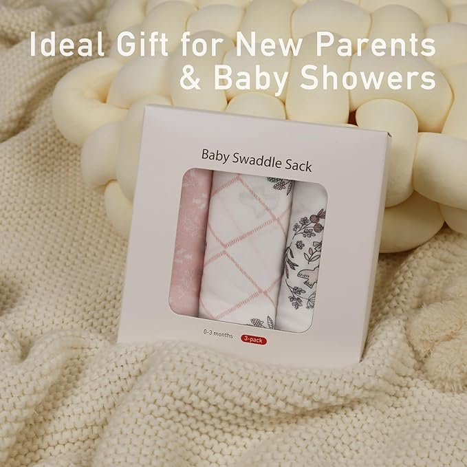 Baby Swaddle Sacks, 3-Pack Newborn Organic Cotton Swaddle Wrap, Adjustable Swaddling Blankets, Nursery Swaddling Essentials for Newborn 0-3 Months, Infant Shower Items Gift (Birds & Branches)