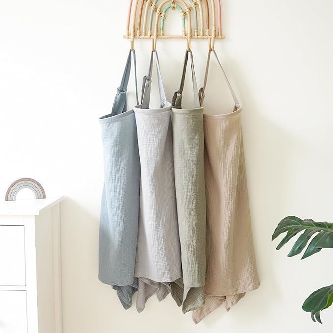 Muslin Nursing Covers for Breastfeeding, Privacy Breast Feeding Cover with Arch Neckline for Mom and Baby, Breathable 100% Cotton Nursing Apron Multi-use Stroller Cover