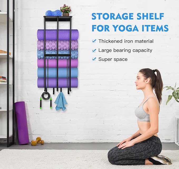 Yoga Mat Holder Yoga Mat Holder Wall Mount Home Gym Accessories Organizer,Towel Storage Rack with 4 Hooks for Hanging Foam Roller and Resistance Bands Gym Organization for Home Gym