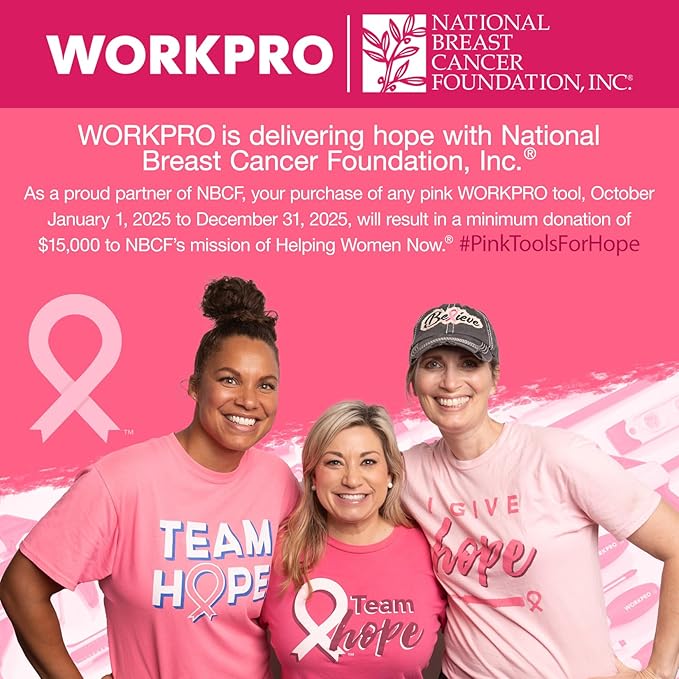 WORKPRO Pink Real Tool Set for Kids with 12 Inch Mini Steel Tool Box with Wheels, 10PCS Kids Real Tools with 2 Drawers Desk Metal Rolling Tool Chest, Children's Tool Kit for Home DIY- Pink Ribbon