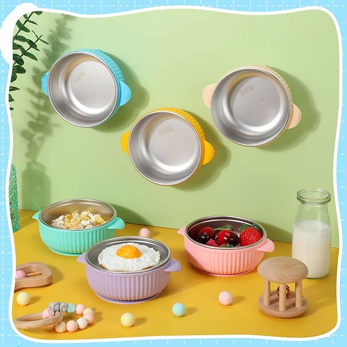 Nuogo 6 Pcs Stainless Steel Baby Bowls with Removable Silicone Shell 304 Toddler Bowls Kids Anti Scald Snack Container for Food Feeding, Dishwasher Safe(Multicolor,Suction-c)