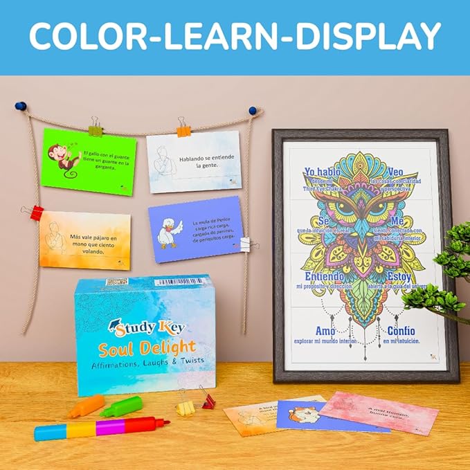 Spanish English Affirmation Motivational Cards for Women | Chakra Puzzles Coloring & Tongue Twisters Pharses Bilingual Flash Cards Learn Spanish and Heal