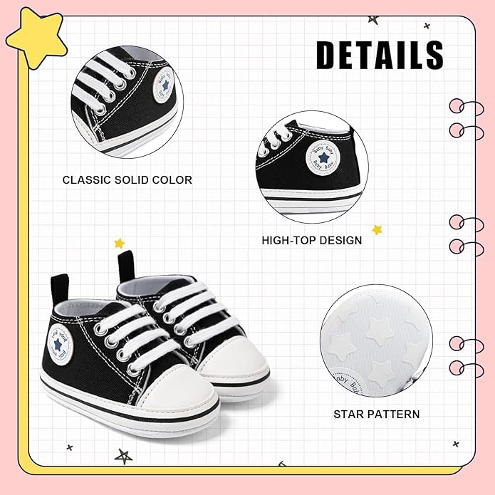 Meckior Baby Girls Boys Canvas Sneakers Soft Sole High-Top Ankle Infant First Walkers Crib Shoes