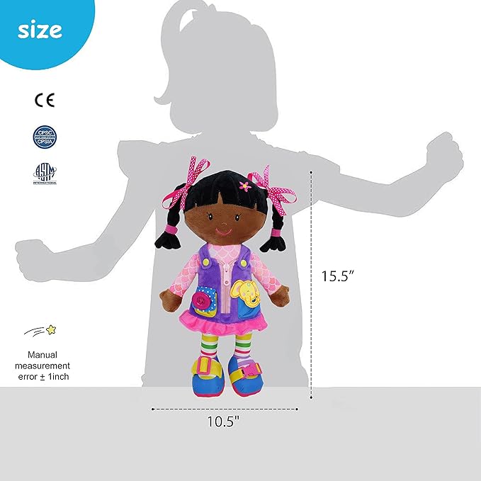 June Garden 15.5" Dressy Friends Scarlett - Educational Stuffed Plush Doll for Kids and Toddlers 2 Years and Up - Montessori Buckle Soft Toy