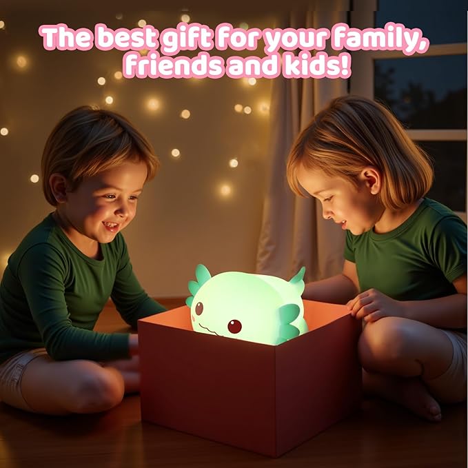 Mewaii Huggwaii Squishy Axolotl Night Light for Kids – Dimmable Silicone Axolotl Lamp, 2025 Upgraded Design, 20H Battery Life Rechargeable Lamp,Safe Sleep Aid Gift for Toddlers, Girls&Baby Room Decor