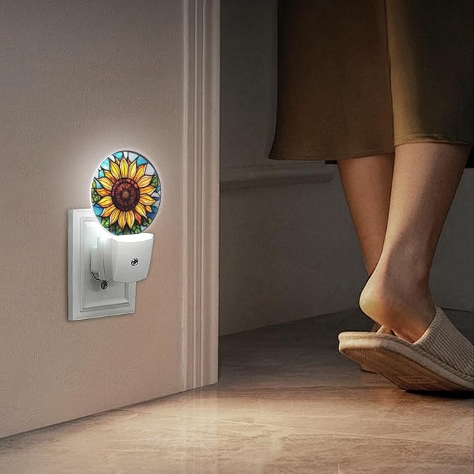 Round LED Night Lights Lamp with Dusk to Dawn Sensor, Yellow Sunflower in The Center Night Light Plug Into Wall for Kids Room, Bedroom, Bathroom, Kitchen, Hallway