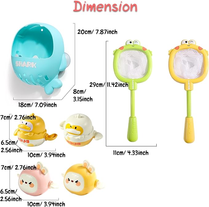 Adorable Frog Fishing Net Toy with 1 Wind-up Duck, 1 Windup Rabbit, Shark Storage Box for Kids Bath Time Fun, Perfect for Babies and Toddlers (Yellow)