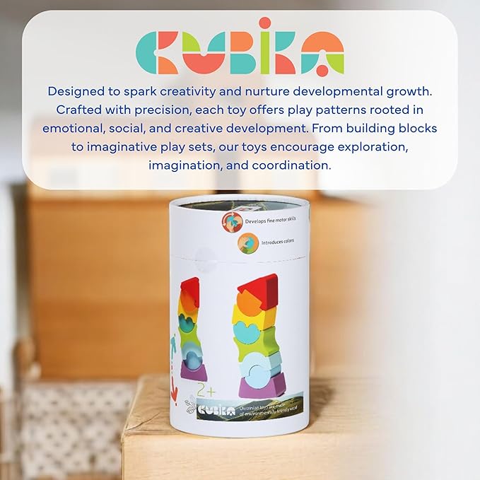 CUBIKA Flexible Tower Wooden Toy– Montessori Puzzle for Toddlers Ages 3+– Size and Shape Sorting Kids Stacking Toy– FSC-Certified Wood, German Water-Based Paints, Travel-Friendly