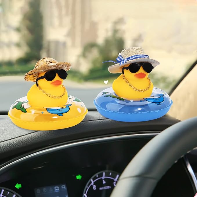 wonuu Car Rubber Duck, Yellow Duck Decoration Dashboard with Sun Hat Swim Ring Necklace Sunglasses for Car Dashboard Decorations