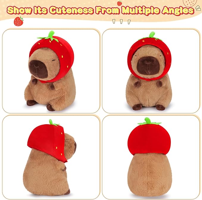 Achwishap Capybara Plush,Cute Plushies Capybara Stuffed Animal,Capybara Plush Toys,Kawaii Plush Stuffed Toy with Strawberry Hat Plushie Gift for Kids Adults Birthday(Capybara with Strawberry Hat,16”)
