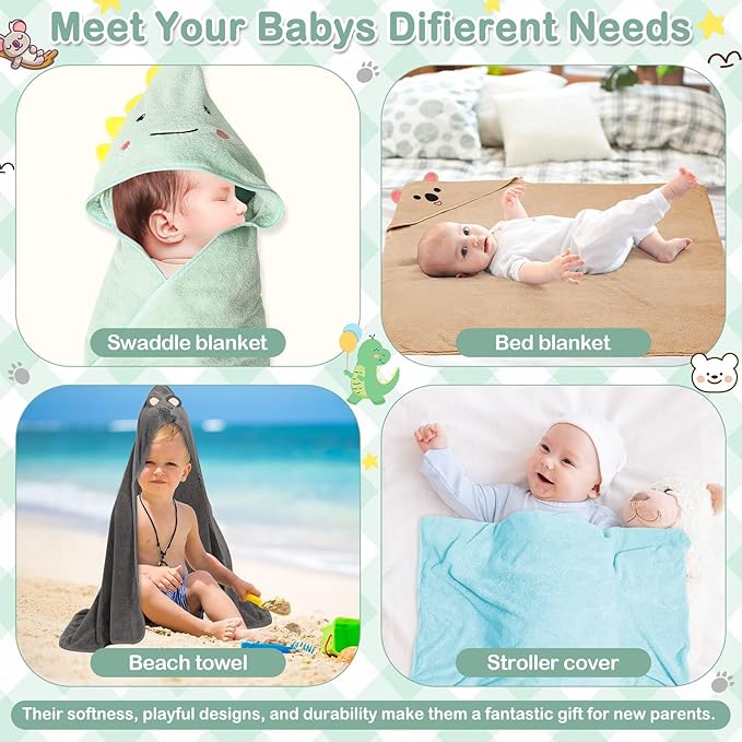 15 PCS Hooded Baby Towels, Soft Baby Towel, Absorbent Baby Bath Towel, 5 Styles Baby Towels and 10 PCS Baby Washcloths for Newborns, Toddlers, and Kids, 32x32 in Baby Towel with Hood for Boy and Girl