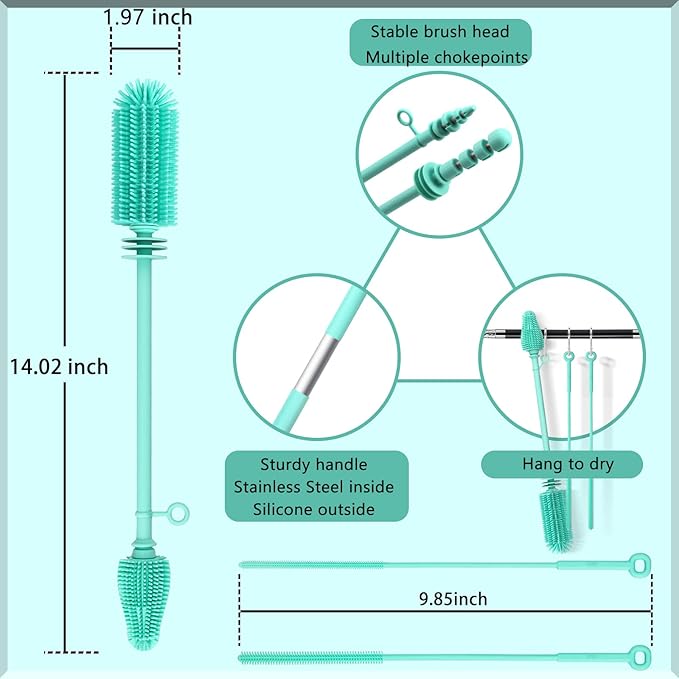 Silicone Baby Bottle Brush and Straw Cleaner Brush Set,Silicone Fully Encased Dish Brush,Versatile Deep Cleaning Long Water Bottle Brushes,Heat Resistant Sturdy Kitchen Brush,Hangable Cup Brush