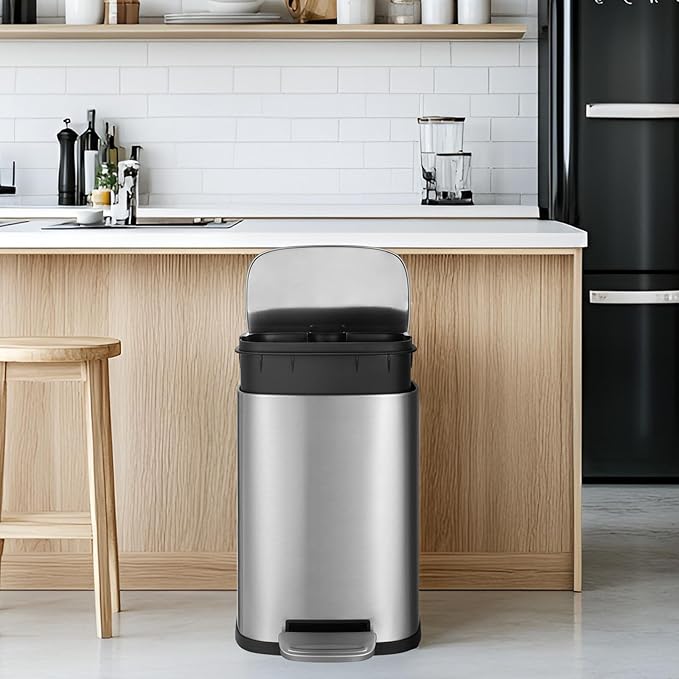 13.2+1.3 Gallon Trash Can Combo Set, Stainless Steel Garbage Bin with Pedal, Removable Inner Waste Bucket, Anti-Fingerprint, Soft-Close Locking Lid Dustbin for Kitchen, Bathroom, Office