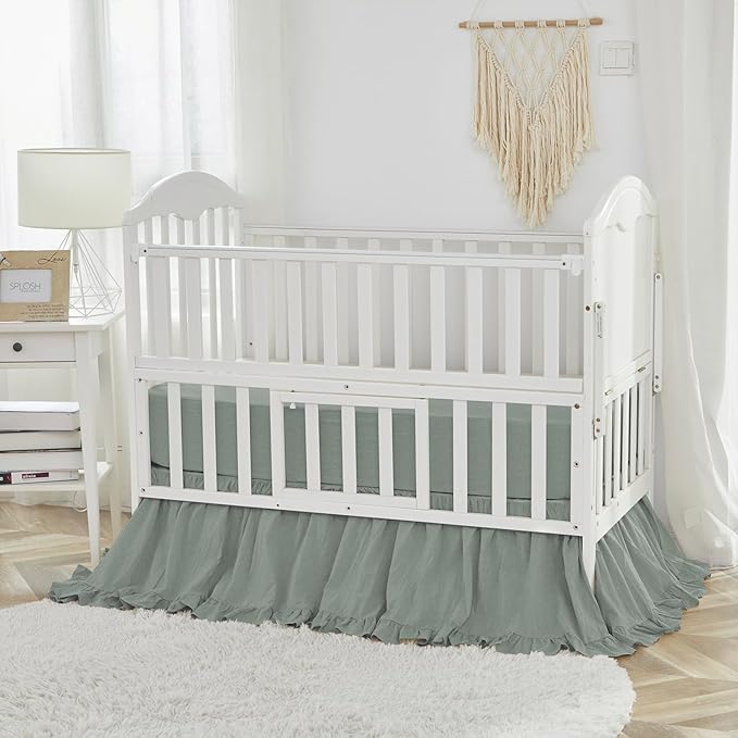 Brandream Gender Neutral Boho Bohemian Baby Girl Boy Nursery 3 Pieces Crib Bedding Set Solid Green Farmhouse Chic Ruffle Unisex Cozy 100% Washed Cotton