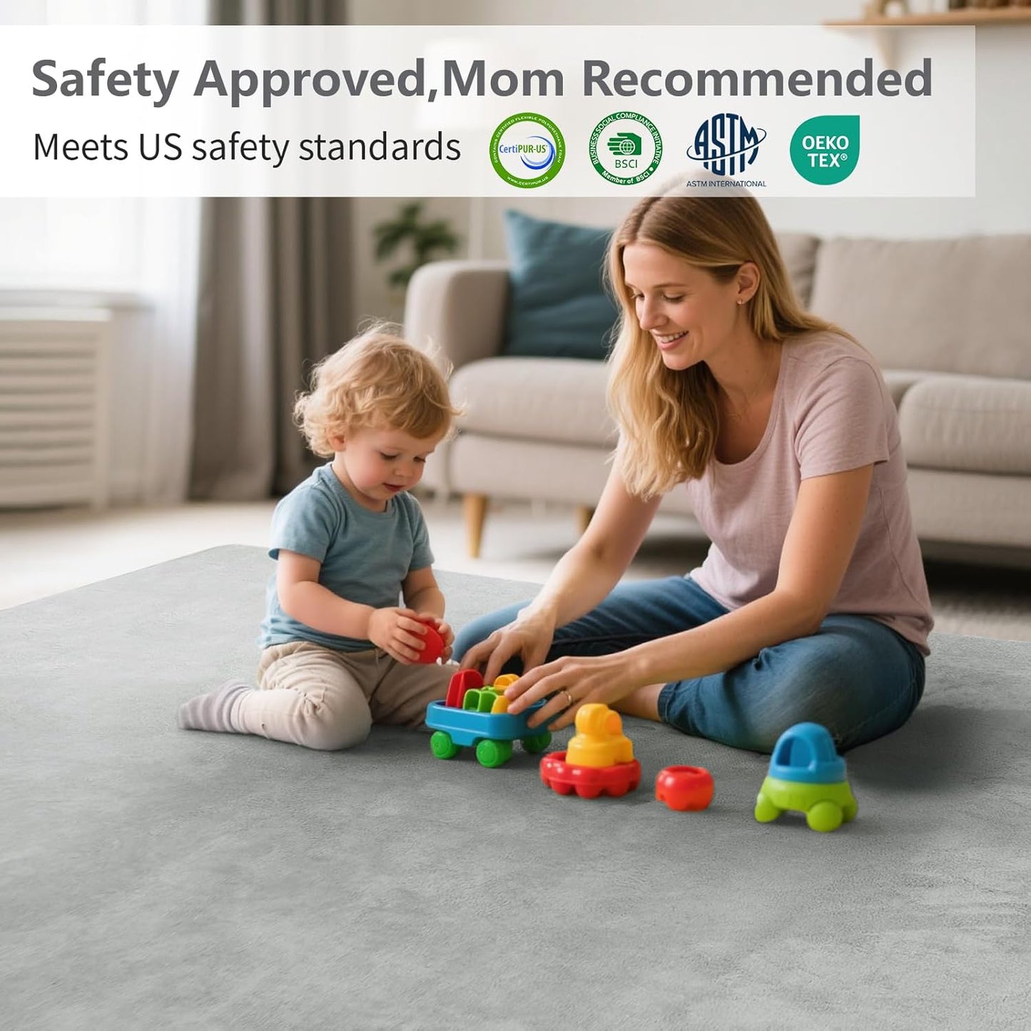 Baby Play Mat for Floor,Extra Large 79"×118" Tummy Time Mat,Thicker Memory Foam Mat for Toddler,Infant,Kids,Water Repellent Ultra Soft Coral Velvet,Non-Slip Backing Safe for Crawling(Light Grey)