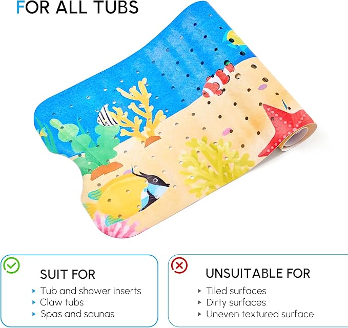 Vannokor Baby Bath Mat for Tub Non Slip Kids, 40 X 16 Inch Extra Long Bathtub Mat with Drain Holes and Suction Cups, Anti Slip Shower Mat Machine Washable, Submarine Park