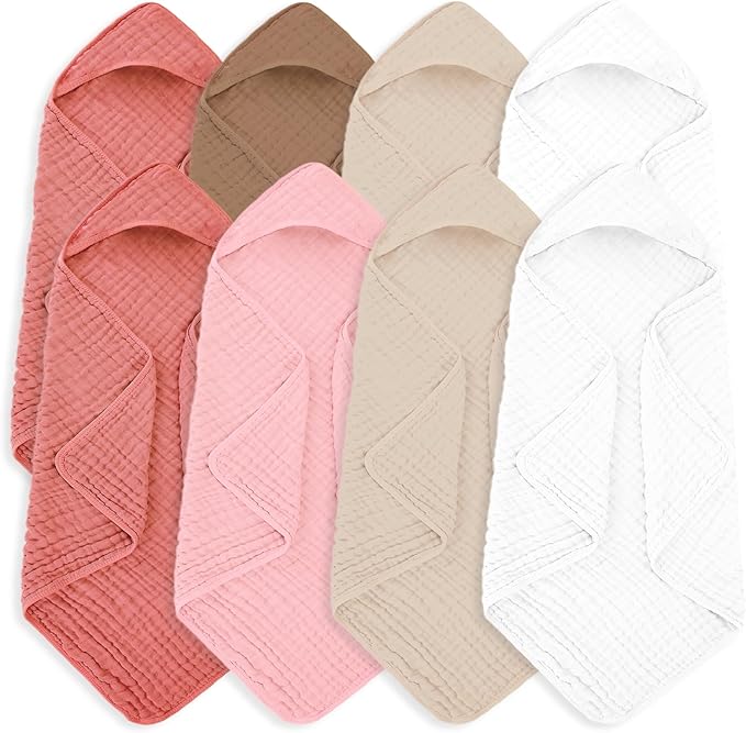 Muslin Hooded Baby Towels 100% Cotton ,Super Soft Muslin Baby Bath Towel - 32 x 32 Inches, Suitable for Newborn and Young Children up to 3 Years Old. (Light Pink & Dark Pink)