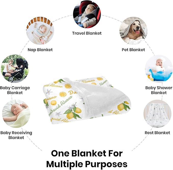 Ship Next Day Personalized Baby Blanket, Printed in USA - Custom Name Toddler Blanket with Lemon Pattern, Personalized