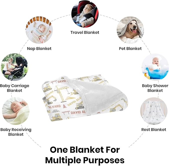 Ship Next Day, Personalized Baby Blanket for Boys Girls - Printed in USA, Custom Name Toddler Blanket with Excavator Pattern, Perfect Newborn Gift