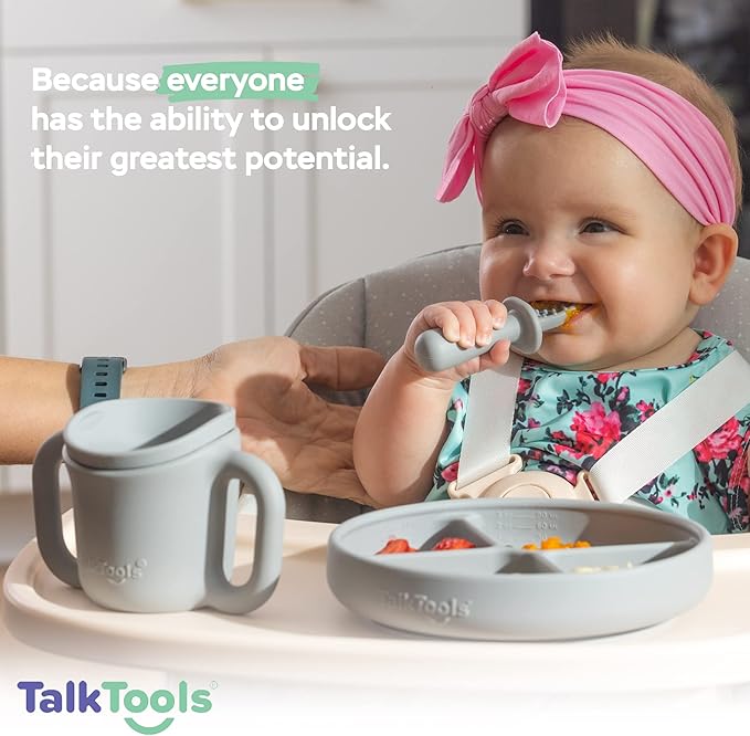 TalkTools ITSY Silicone Baby Plates Set with Suction – Feeding Essentials for Toddlers 6–12 Months+ | BLW Mealtime Set with Twin Spoon, Spill-Proof Sippy Cup | Self-Feeding Utensils (Cloud)