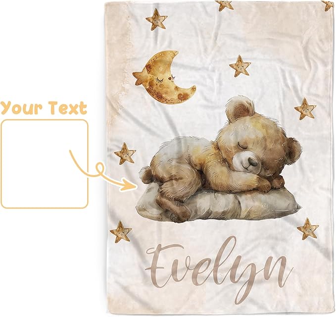 Personalized Baby Blanket, Custom Name Baby Blanket for Boys Girls, Brown Bear Double Layer Dotted Backing Receiving Swaddle Blankets, Infants Toddlers New Parents Customized Gifts(47"x60")