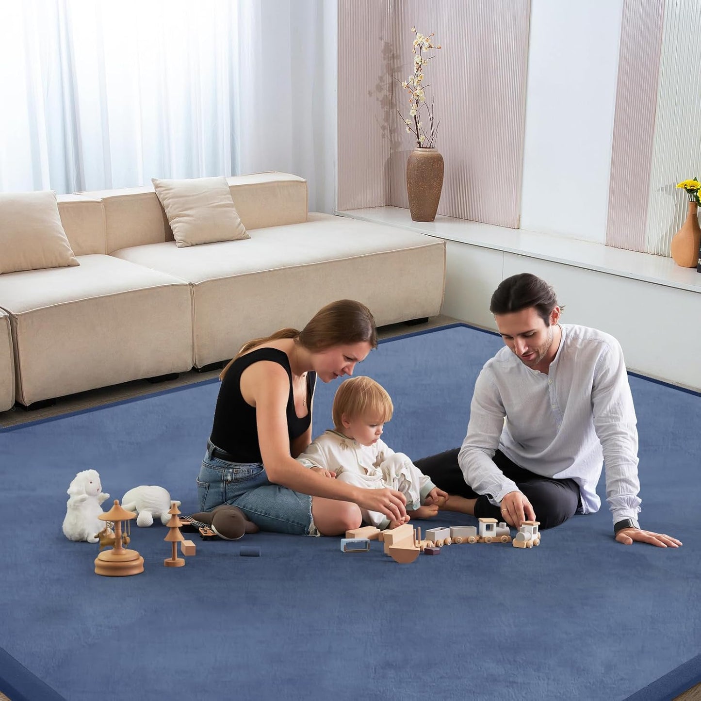 Baby Play Mat for Floor Tummy Time Nursery Muscle Mat Area Rug Playroom Rug Tatami 79"x118" Memory Foam 1.3" Thick Crawling For Babies,Toddlers, Infants, Kids,Floor(Blue)
