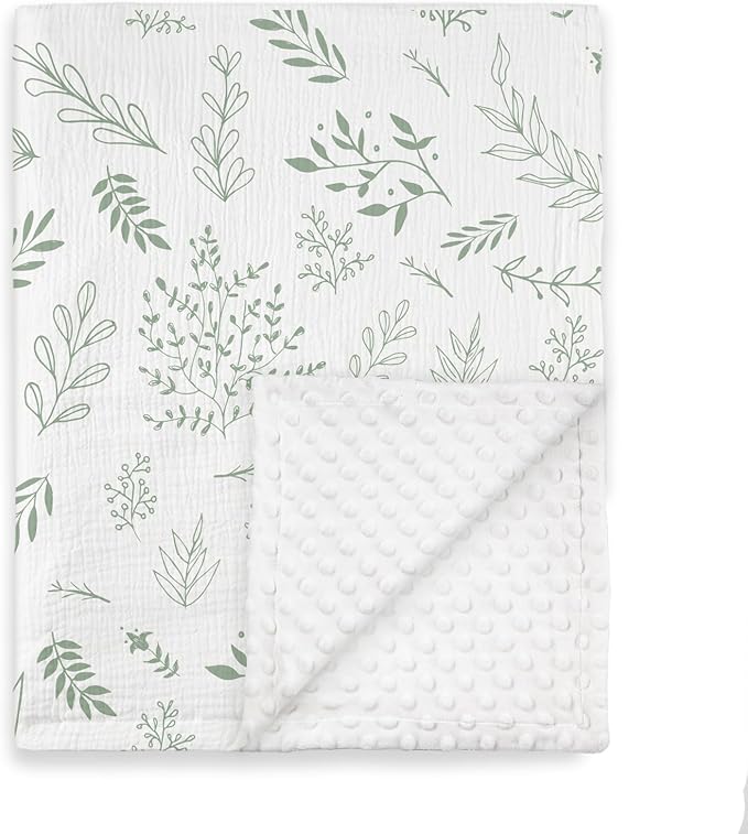 GLLQUEN BABY Blankets for Unisex Boys Girls, Muslin Cotton Front Soft and Breathable, and Dotted Fleece Backing, Printed Bed Nursery Minky Blankets for Toddler Newborn, Greenery, 30 x 40 inches