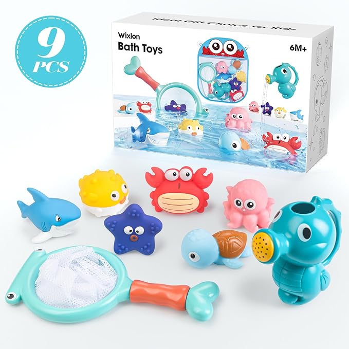 Mold Free Bath Toys for Toddlers No Hole Baby Bathtub Toys with Sea Animals, Seahorse Watering Can, Fishing Net & Storage Bag, Floating Pool Toys for Boys and Girls
