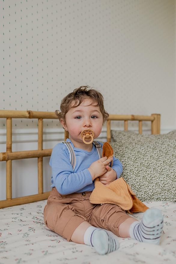 BIBS Boheme Pacifiers 2 Pack BPA Free Cherry Shape Nipple Natural Rubber Latex Made in Denmark | Sand/Honey Bee