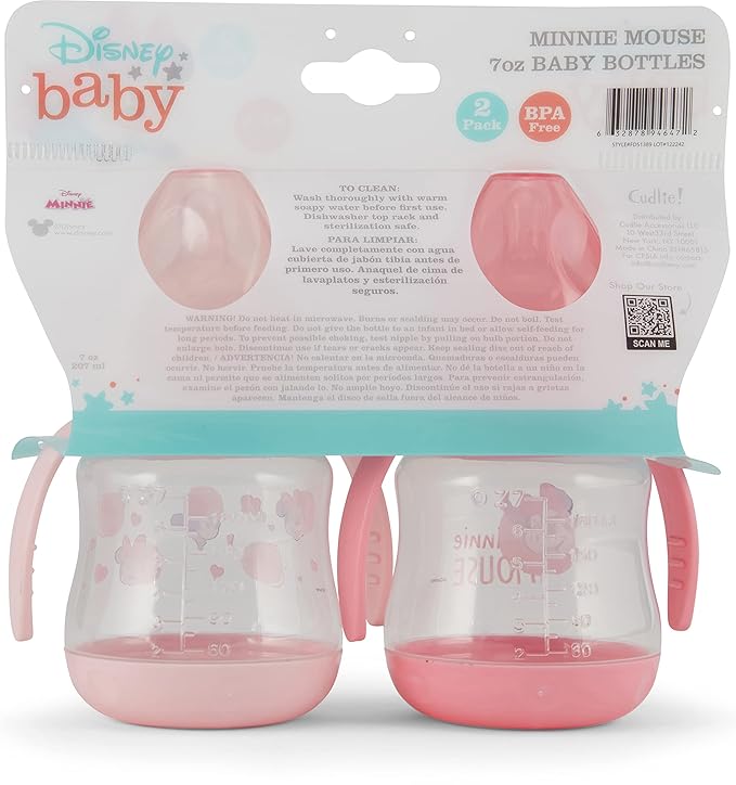 Disney 2 Pack 7 Ounce Baby Bottles with Character Prints and Colored Covers with Double Handle - BPA Free and Easy to Clean