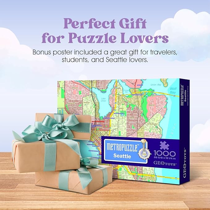 GeoToys Metropuzzle, Seattle Map Jigsaw Puzzles 1000 Pieces - 27 x 19 Detailed Geography Puzzle, Challenging Adult Puzzle, Fun Puzzles for Adults, Map Poster Included for Adults
