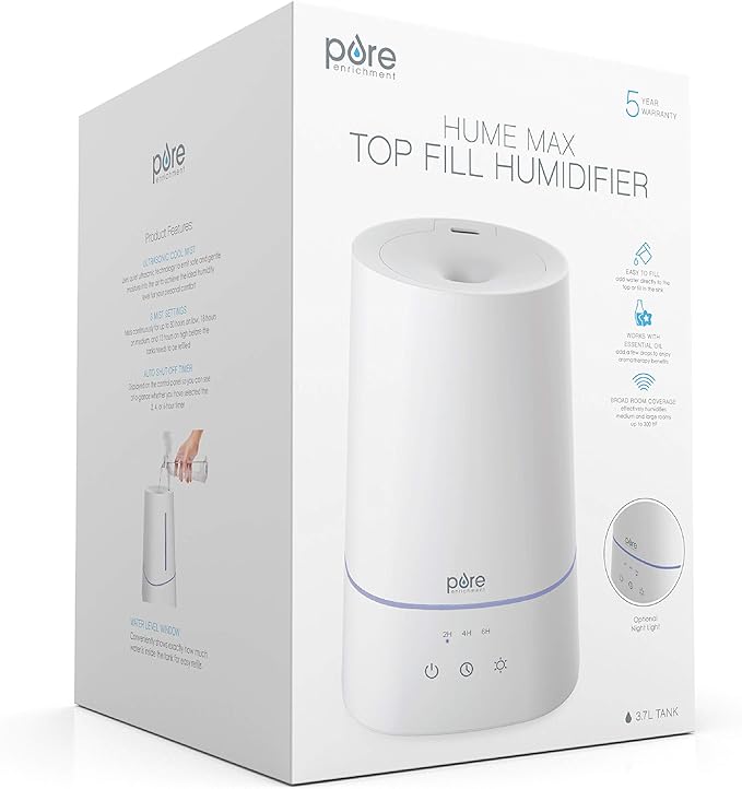 Pure Enrichment HUME Max - Easy Top-Fill Ultrasonic Cool Mist Humidifier, 3.7-L (1 Gallon) Water Tank, 3 Mist Settings, & Auto Shut-Off Timer - Ideal for Large Bedrooms, Nurseries & Dry Areas (White)