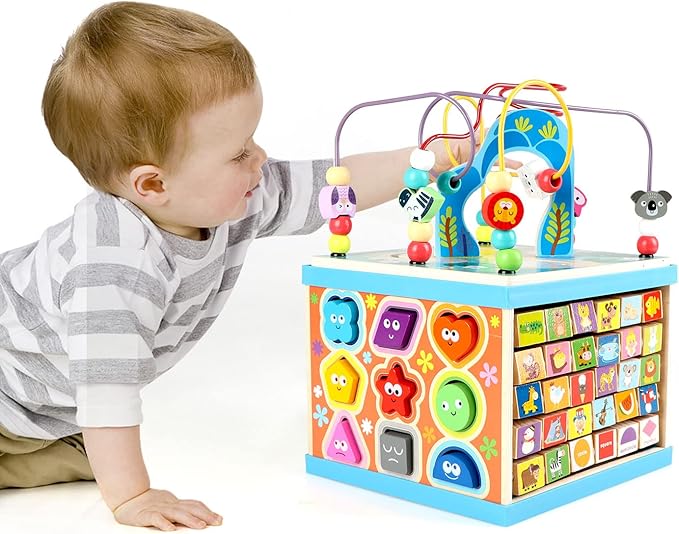 Qilay Wooden Activity Cube for Toddlers, 5 in 1 Multipurpose ABC-123 Abacus Early Educational Montessori Toys, Learning Toys for 3 Year Old | Bead Maze, Great for Boys Girls