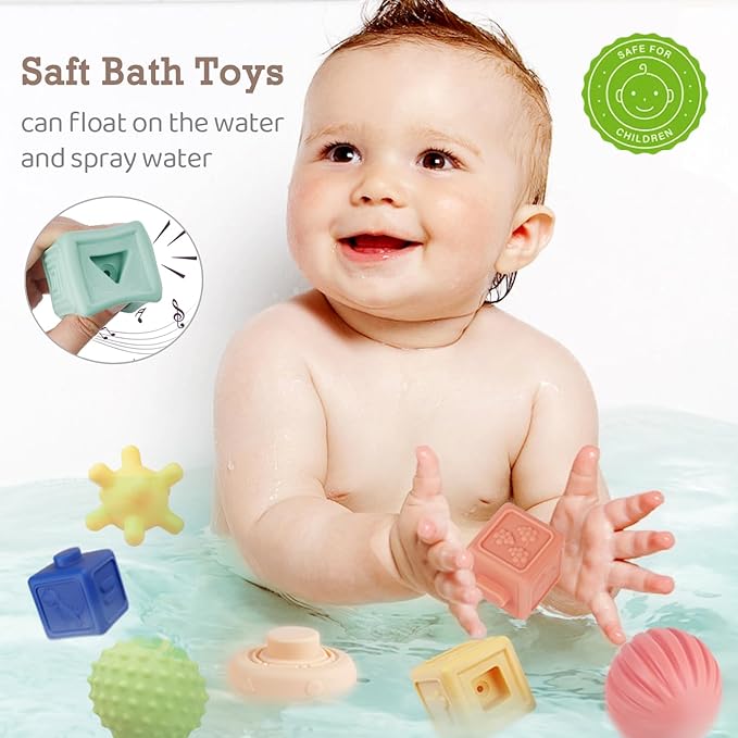 Montessori Toys Soft Stacking Building Blocks Rings Balls Sets 3 in 1 Baby Toys Bundle for Babies 6-12 Months Sensory for Toddlers 1-3 Teething Bath for Infants Learning Toy