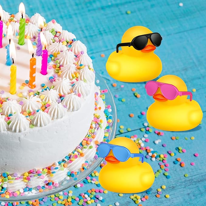 Chivao 12 Pcs Rubber Ducks with 12 Sunglasses/ Hats/ Headwear Small Mini Carnival Cruise Birthday Rubber Duckies Bathtub Toys in Bulk(Duck with Colored Glasses,Yellow)