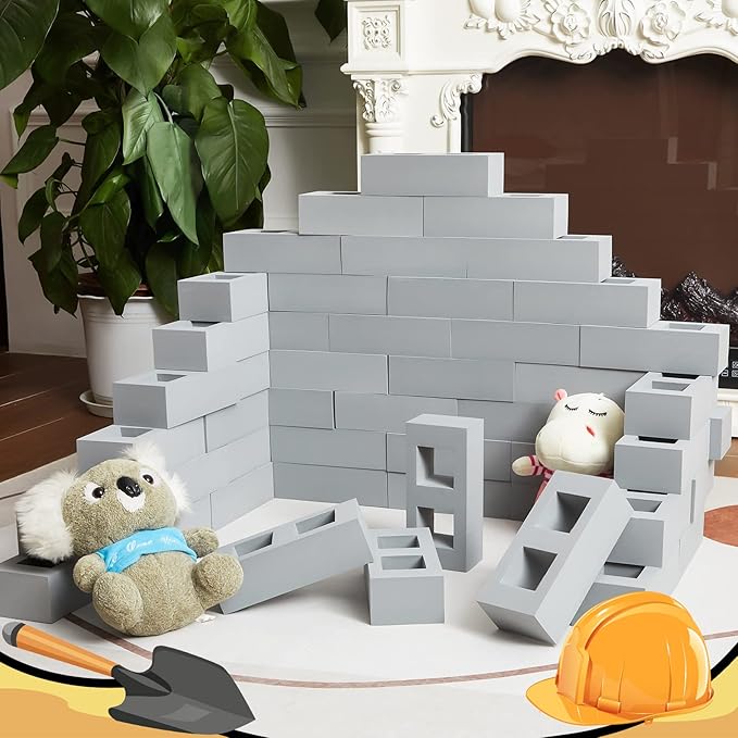 Deekin 30 Pcs Foam Brick Building Blocks for Kids Thick Blocks Foam Large Fake Brick Construction Toy for Stacking Construction, 8 x 4 x 2.4 in (Square Holes)