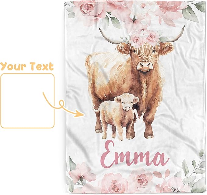 Custom Baby Blanket, Personalized Name Baby Blanket for Girls Boys, Highland Cow Double Layer Dotted Backing Receiving Swaddle Blankets, Nursery Newborns New Parents Customized Gifts(60"x80")