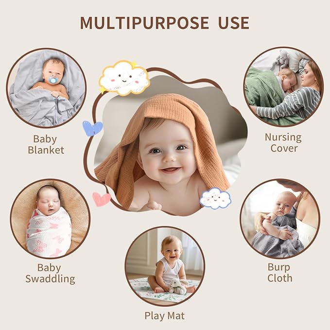 Muslin Swaddle Blankets for Newborn, 2 Pack Breathable Soft Receiving Blanket, Large 41 x 41 inches Swaddle Wrap Burping Clothes, Essentials Infant Shower Items. (Beige & White)