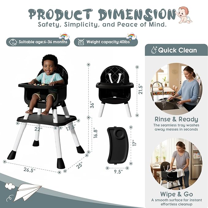 6 in 1 Baby High Chair, Convertible Highchair for Babies and Toddlers (Black)