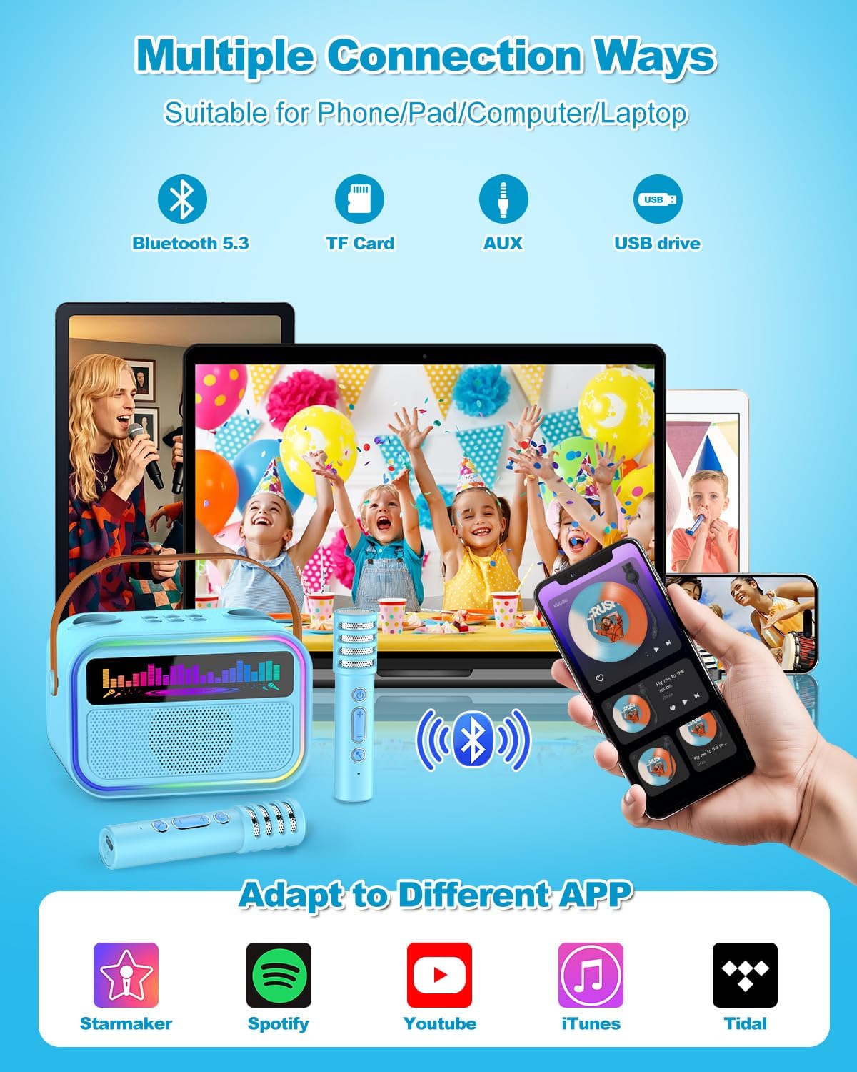 Karaoke Machine for Kids Adults, Birthday Gifts Toys for Girls Boys Age 3-12+,Mini Portable Bluetooth Singing Speaker with 2 Wireless Microphones & LED Lights (Blue)