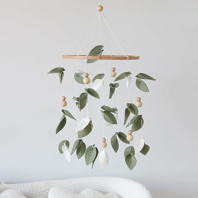 Green Leaf Crib Mobile Forest Baby Mobile for Crib Green Leaf Baby Crib Mobile with Wooden Bead Woodland Baby Mobile for Bassinet Toys Hanging