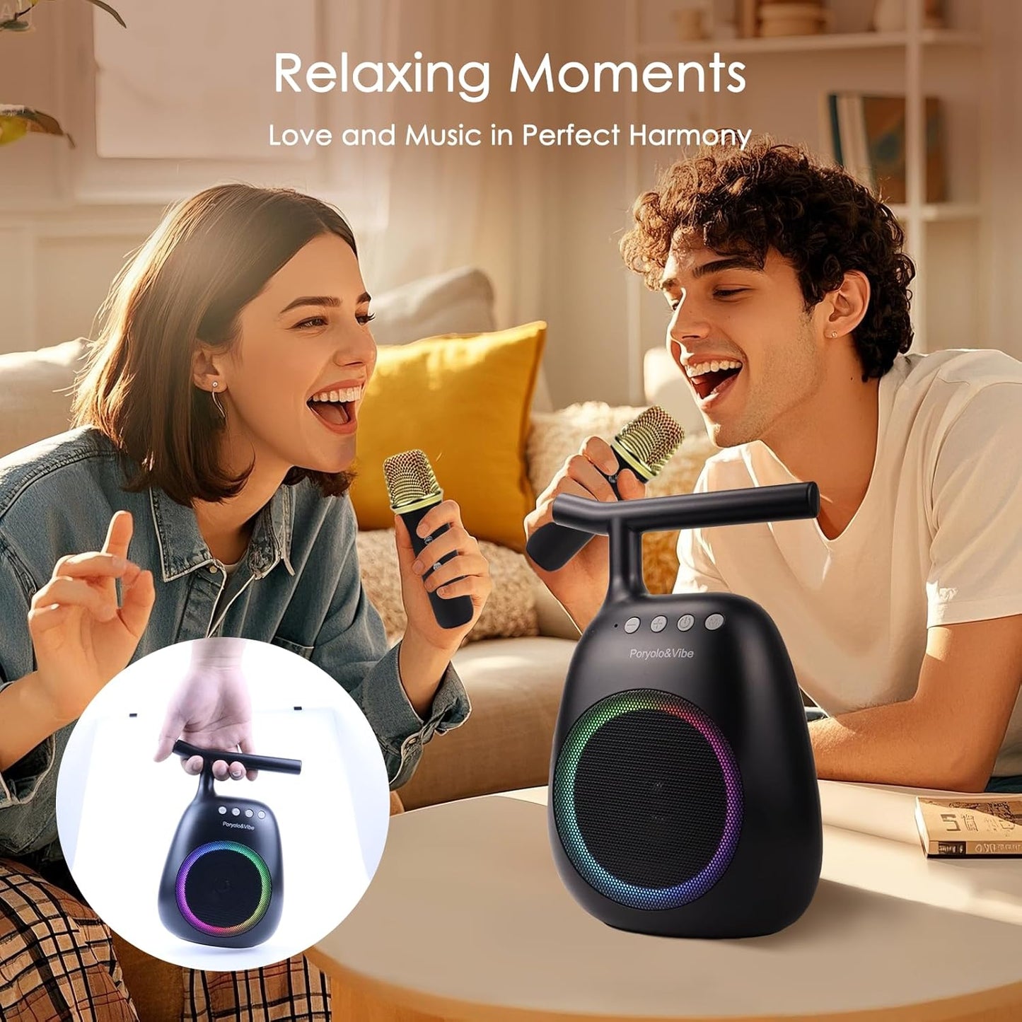 Karaoke Machine for Kids Adults Portable Bluetooth Speaker with 2 Wireless Microphones LED Lights Artistic Design 8-Hour Battery Support Family&Party Choice Fun for All Ages Gifts