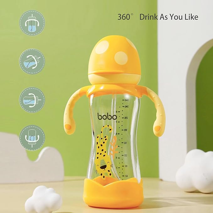 YOHKOH Natural Glass Baby Bottle with Natural Response Nipple, Wide Neck Baby Bottles with Handle, Newborn Anti-Colic Baby Bottles Gift Set, Clear (8.8oz (Pack of 4), Yellow)