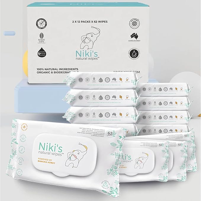 Niki's Natural Baby Wipes | Sensitive Organic Baby Wipes | Made with Manuka Honey and Coconut Oil, No Added Scents | EWG Verified | 744 Wipes (12 Pack x 62 Count Wipes) Baby Wipes Bulk