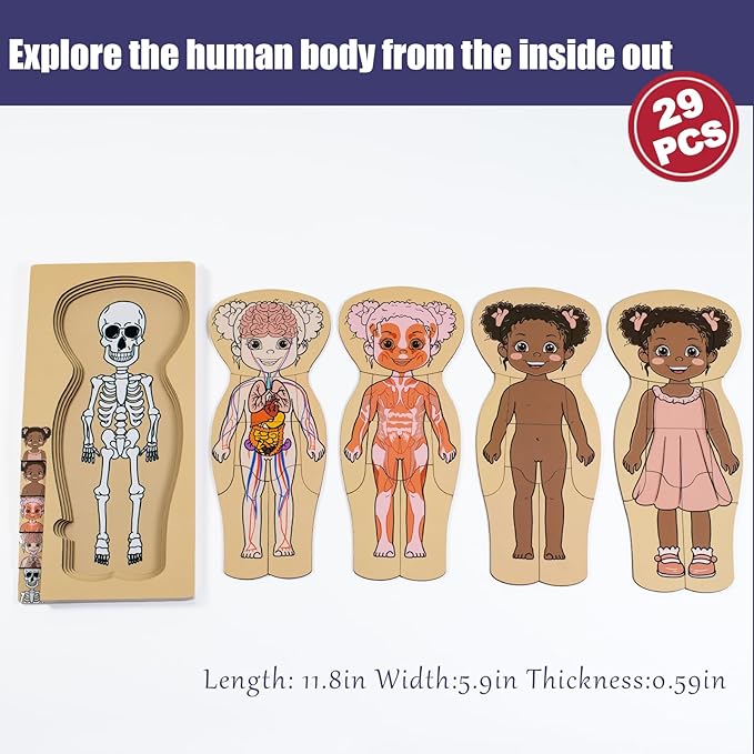 My Body Parts Puzzle for Toddlers Kids African Girl Montessori Wooden Anatomy Puzzle 3-5 Years Old Preschool Learning Game Human Body Cognitive Toys