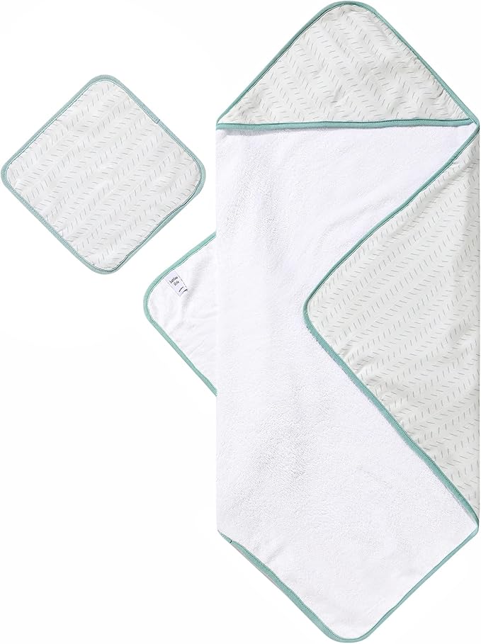 Bamboo Viscose Baby Hooded Towel & Washcloth Set for Babies and Toddlers, Soft & Absorbent, 70% Viscose from Bamboo, 30% Cotton Muslin - Imported (sage Dash)