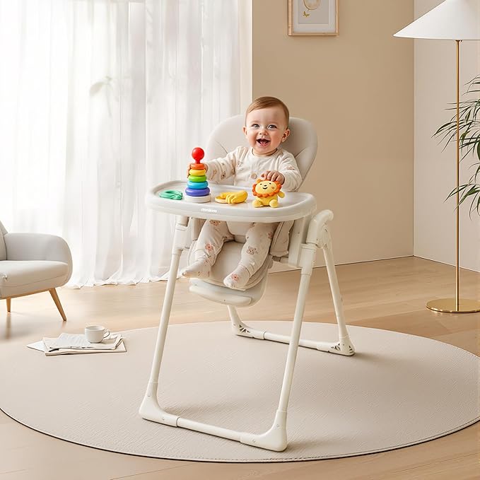 High Chair, Foldable High Chairs for Babies and Toddlers, Adjustable Height, Backrest and Footrest, Removable Tray, Beige