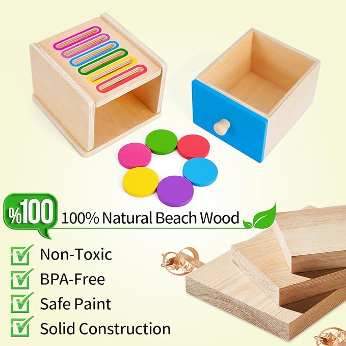 FCSONU Toddlers Montessori Coin Box Toys for 1 2 3 Year Old Boys Girls, Drawer Box Toy for Ages 2-4 Kids, Learning Color Sorting Sensory Toys, New Year Birthday for Baby 12-18 Months