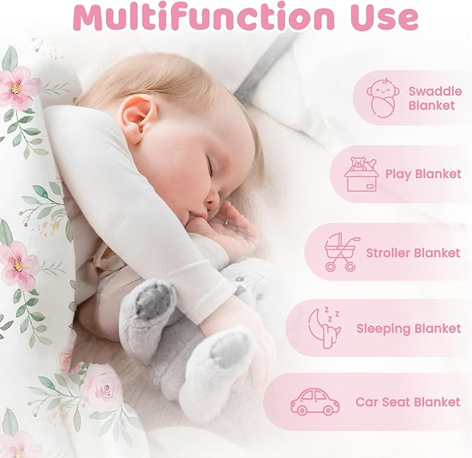 Floral Minky Baby Blanket 30 x 40 Inches for Girls, Soft Plush Receiving Blanket with Dotted Back, Gift for Newborn Infant Toddlers, Baby Shower, Christmas Birthday